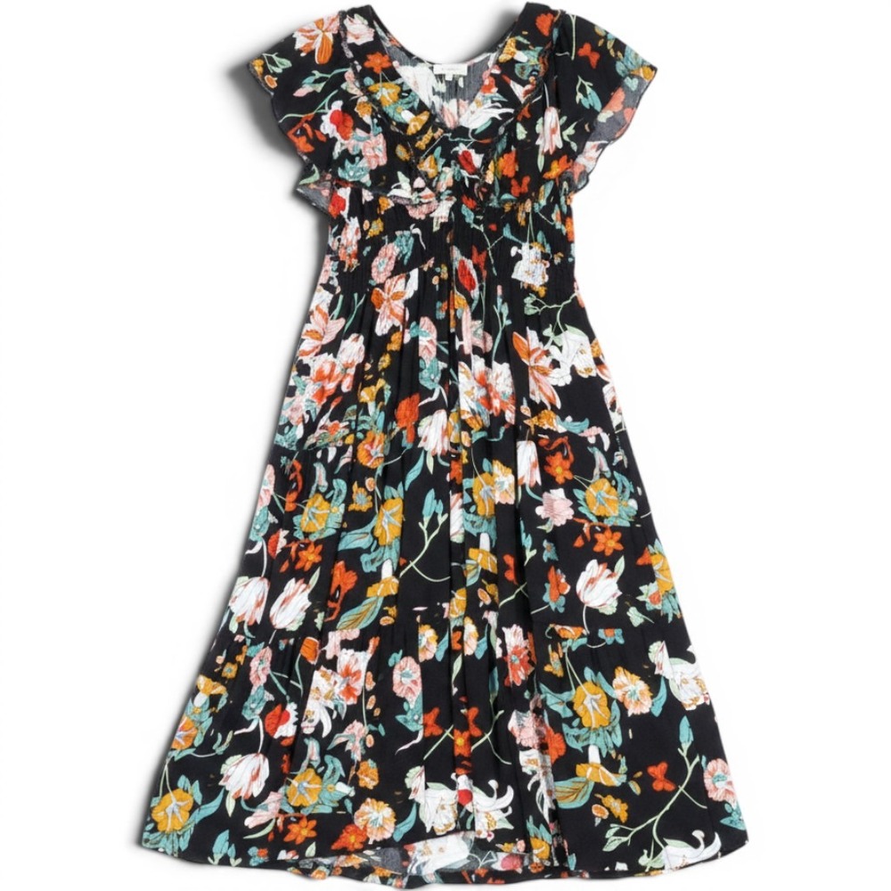 Bohme Floral Maxi Dress Womens XL Black Flutter Sleeve Smocked Waist Boho Flowy